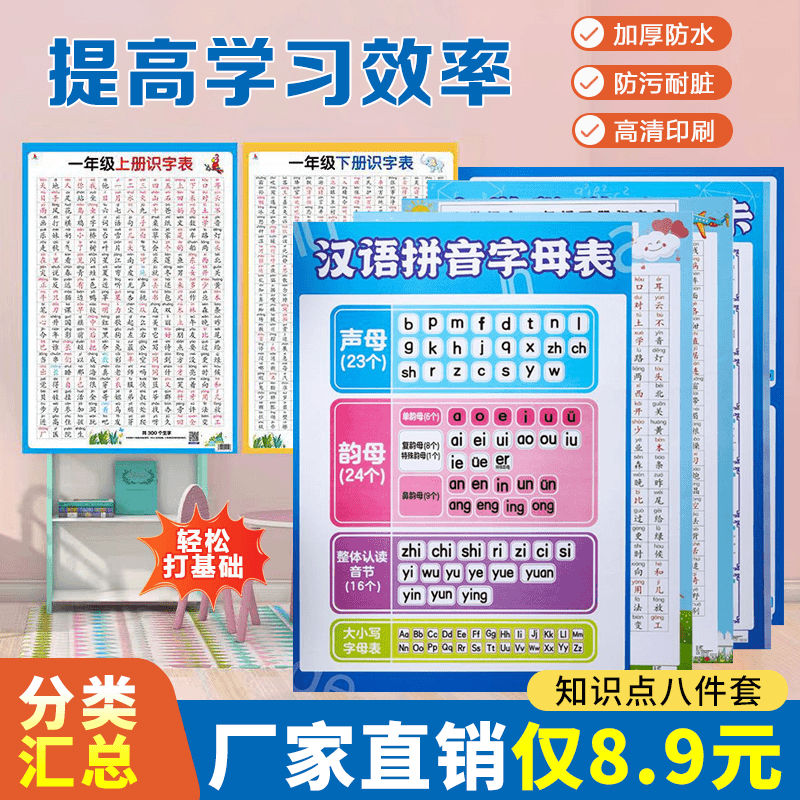 【8.9元全套8张】高清儿童学习挂图全套 拼音字母乘除加减口诀表
