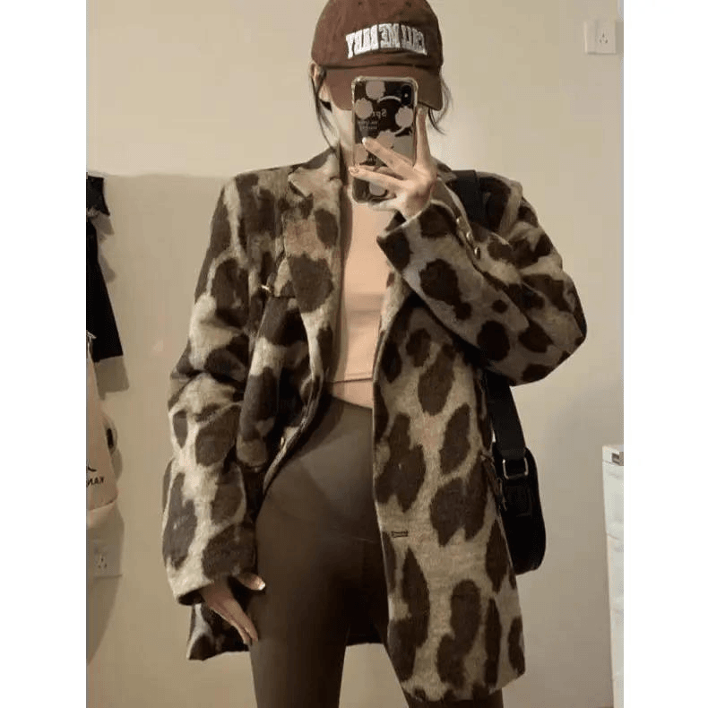 豹纹西服女高档感复古街头宽松简约长袖夹棉西装外套港味复古风wh