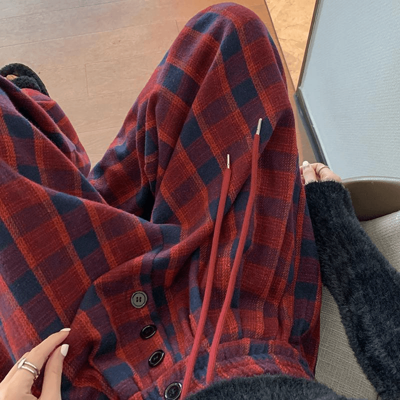 慵懒风复古格子垂感休闲裤女秋冬高腰显瘦毛呢阔腿直筒宽松长裤子