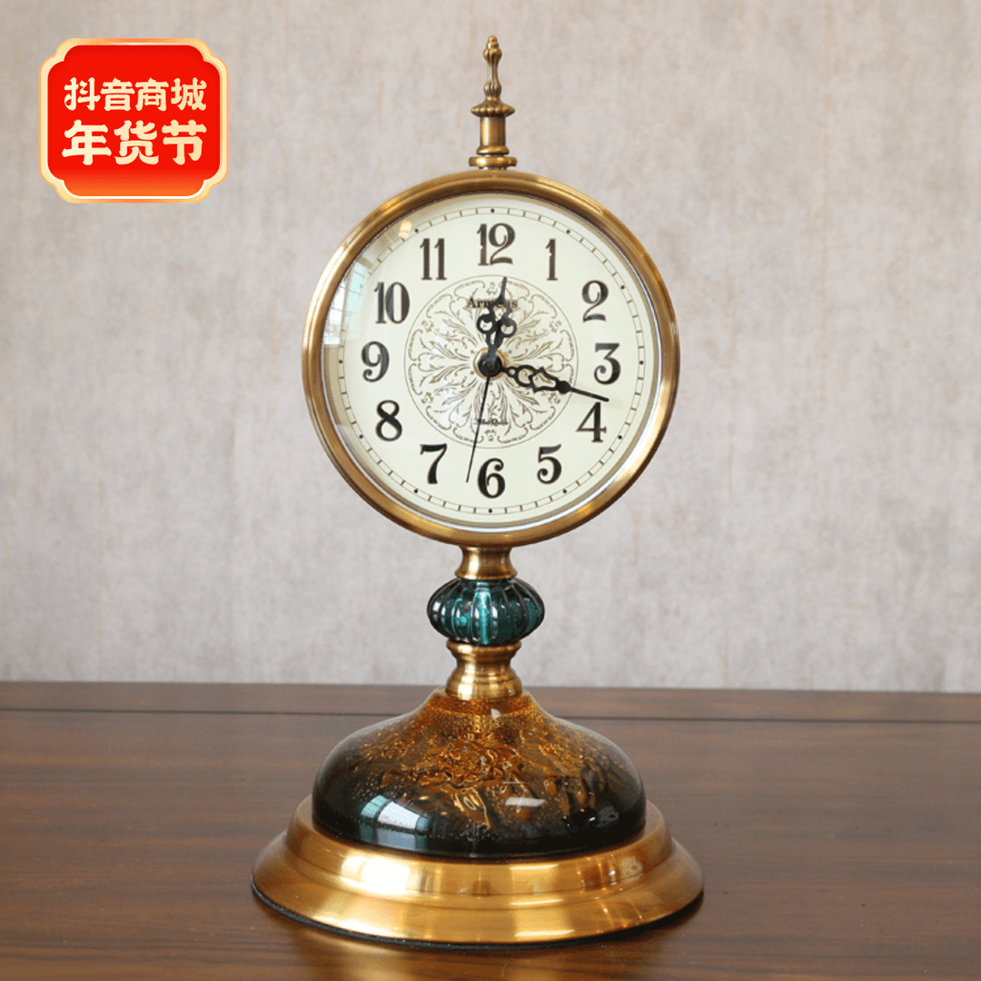 轻奢创意琉璃座钟美式家居桌面时钟摆件欧式时尚台式静音扫秒钟表