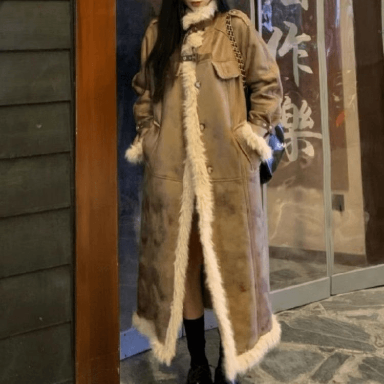 一体外套女2023新款冬季加厚毛绒长款环保毛毛大衣