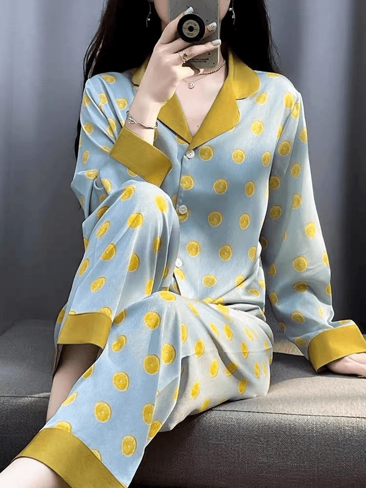 轻奢高级感清新睡衣女春秋印花长袖套装家居服长裤可外穿丝滑睡衣