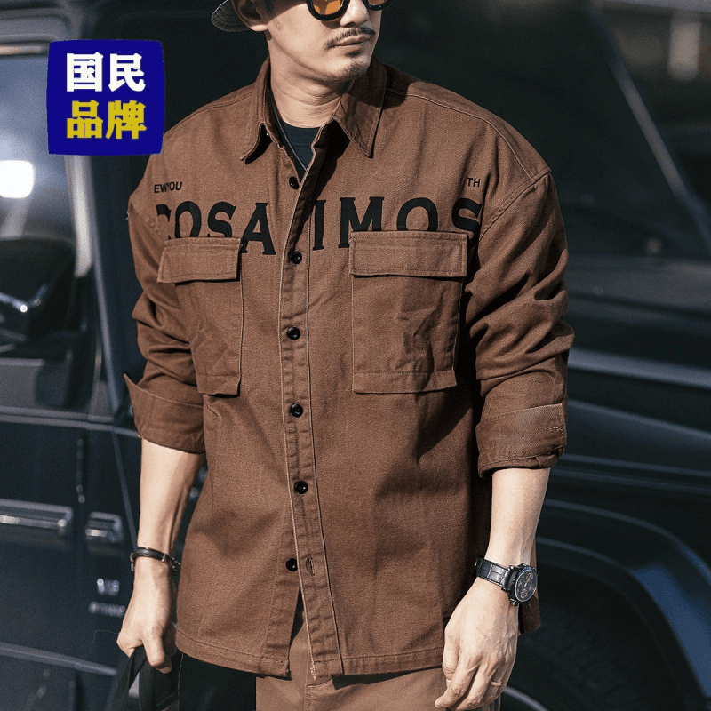 【小扬哥推荐】美式重磅字母工装衬衫男春秋季猎装长袖休闲宽松大