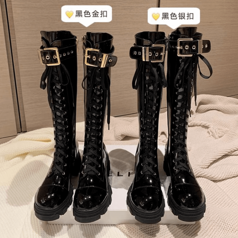 厚底高筒靴女2023冬新款百搭绑带不过膝长靴黑色漆皮及膝骑士靴子
