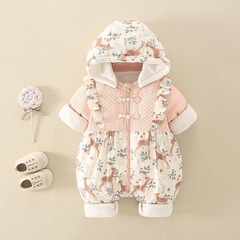 童装潮款Y婴儿连体衣秋冬季加绒加厚女宝宝戴帽棉衣新生儿超萌洋