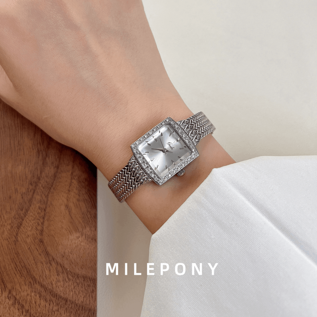 MILEPONY麦穗方块带钻表带小表盘石英精致女士气质小众防水女表