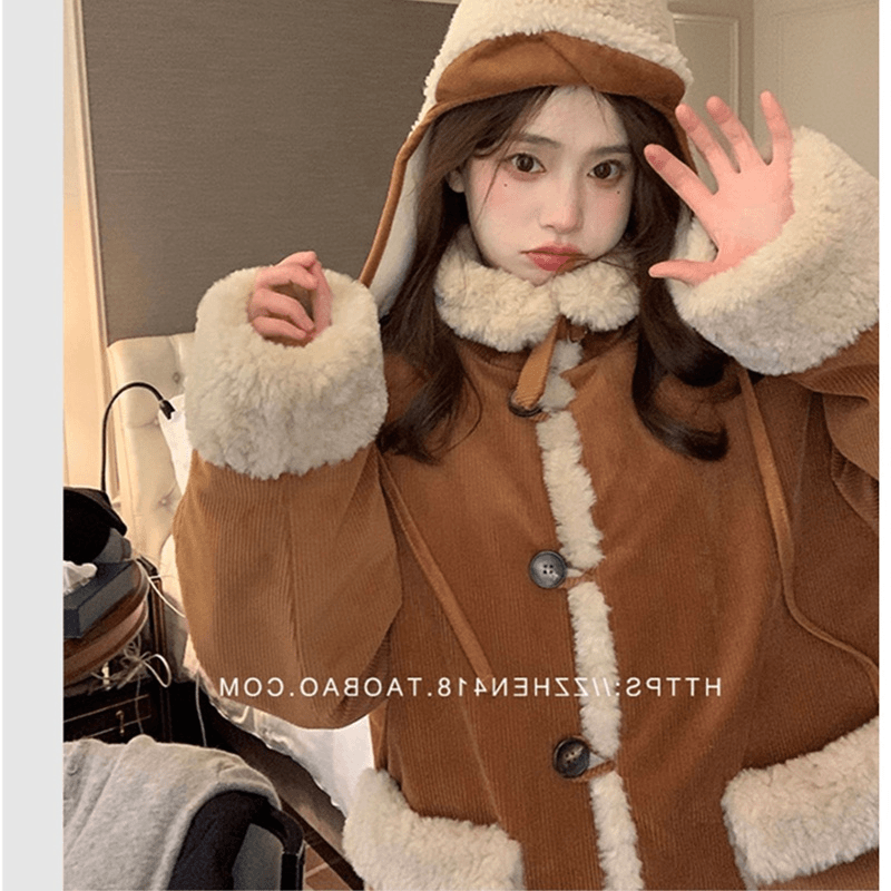 2023年冬装女爆款上衣小香风小个子加绒加厚羊羔毛短外套女秋冬季