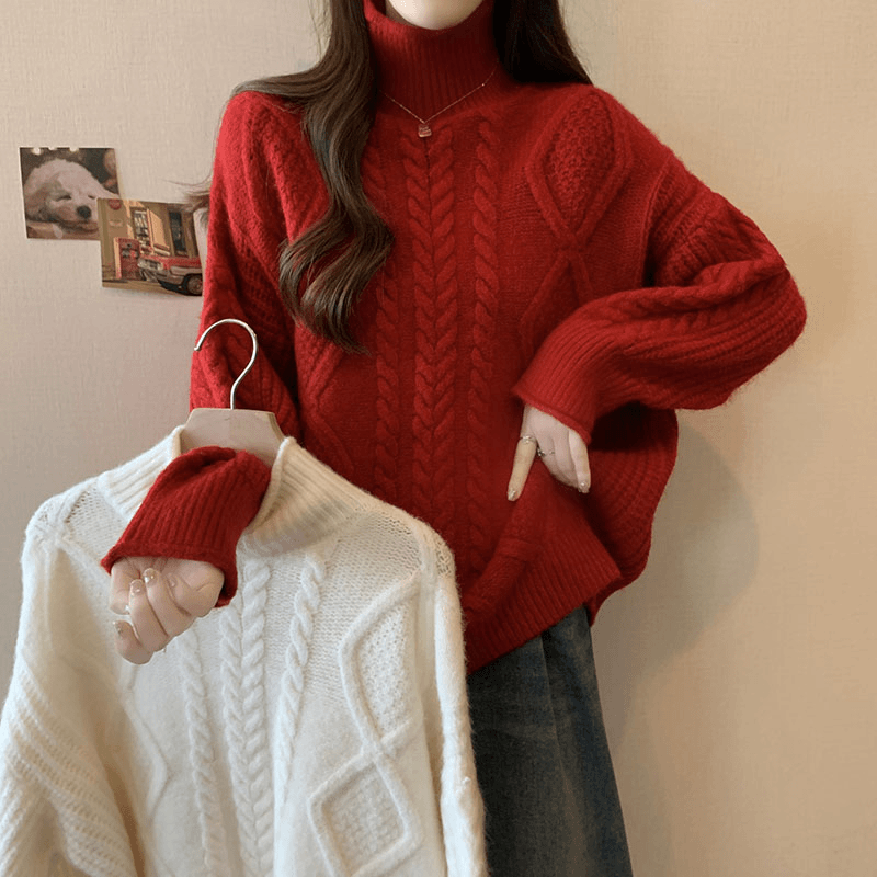 大码圣诞红加厚麻花毛衣女2023冬季胖慵懒风显瘦减龄高领针织衫