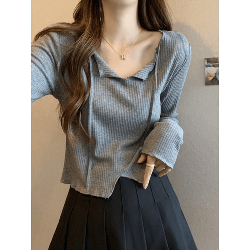 灰色V领短款打底衫女秋不规则高腰正肩内搭长袖T恤演唱会穿搭上衣