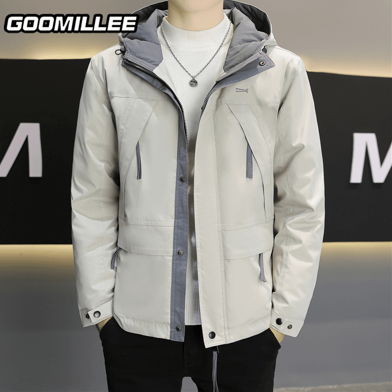 GOOMIL LEE羽绒服男冬季轻薄保暖白鸭绒外套潮牌短款连帽工装夹克
