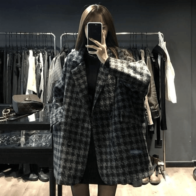 加厚保暖千鸟格中毛呢西装外套女长款呢子大衣秋冬季新款宽松夹棉