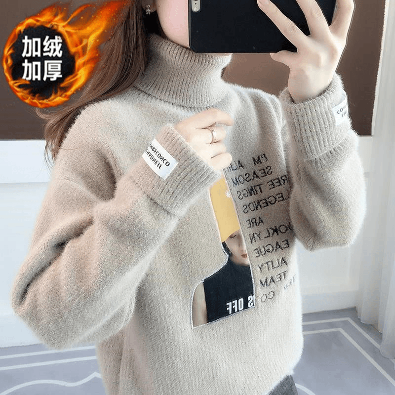 加绒秋冬季新款宽松高领毛衣女百搭时尚女秋冬毛衫