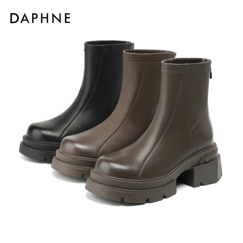 Daphne/达芙妮厚底短靴女2023新款切尔西显瘦软皮瘦瘦靴