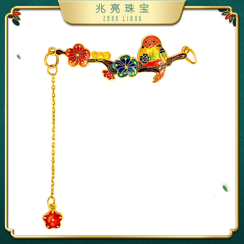 兆亮珠宝足金黄金珐琅喜上眉梢吊坠古风国潮首饰烧蓝国风百搭时尚
