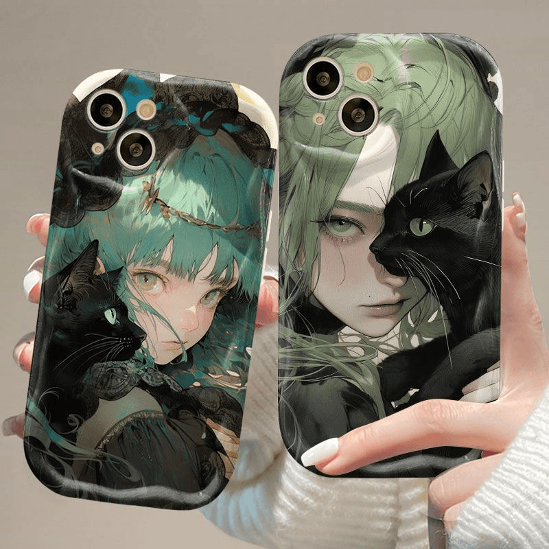 q抱猫少女iPhone15手机壳适用苹果华为vivo小米oppo防摔软壳波浪