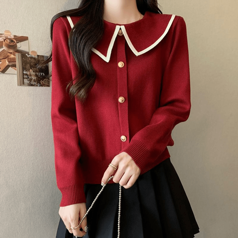 大码女装显瘦红色毛衣女秋冬2023新款娃娃领上衣小香风针织打底衫