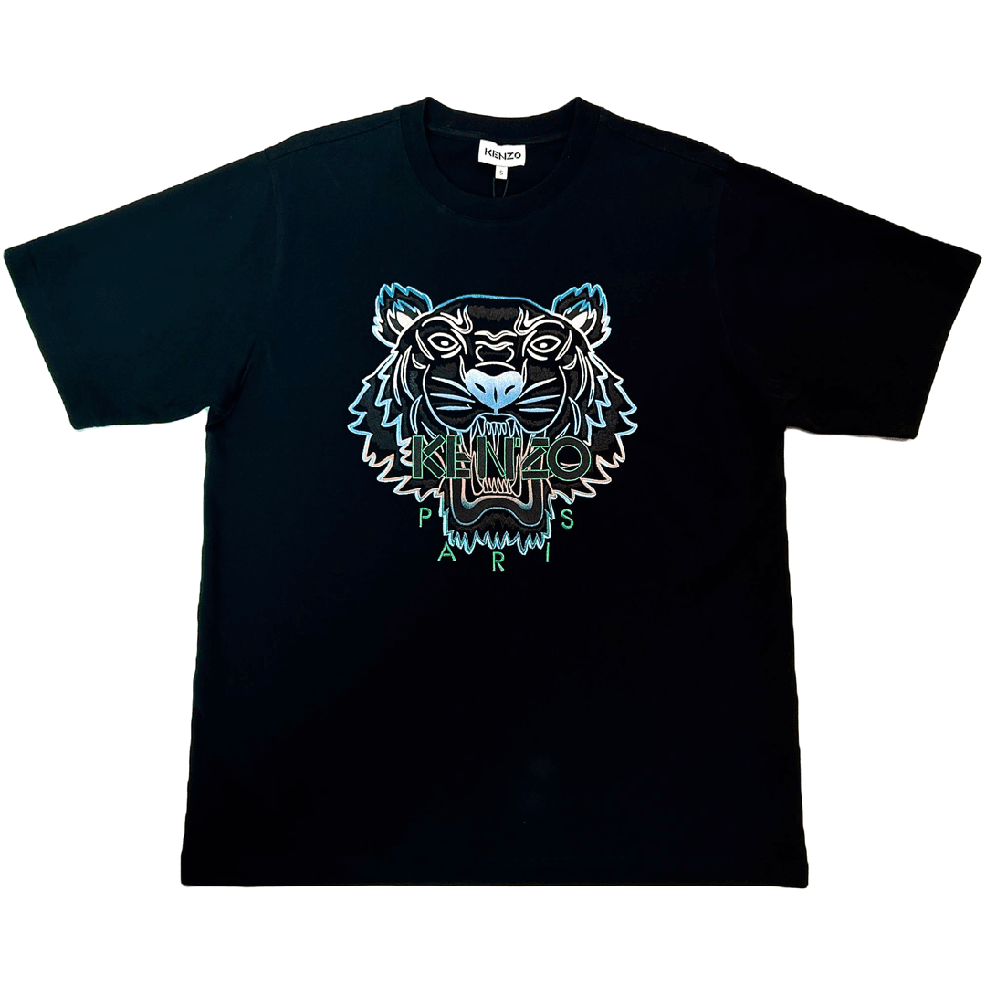 99新 KENZO/肯佐 经典炫彩虎头刺绣宽松休闲重磅时尚圆领短袖黑色