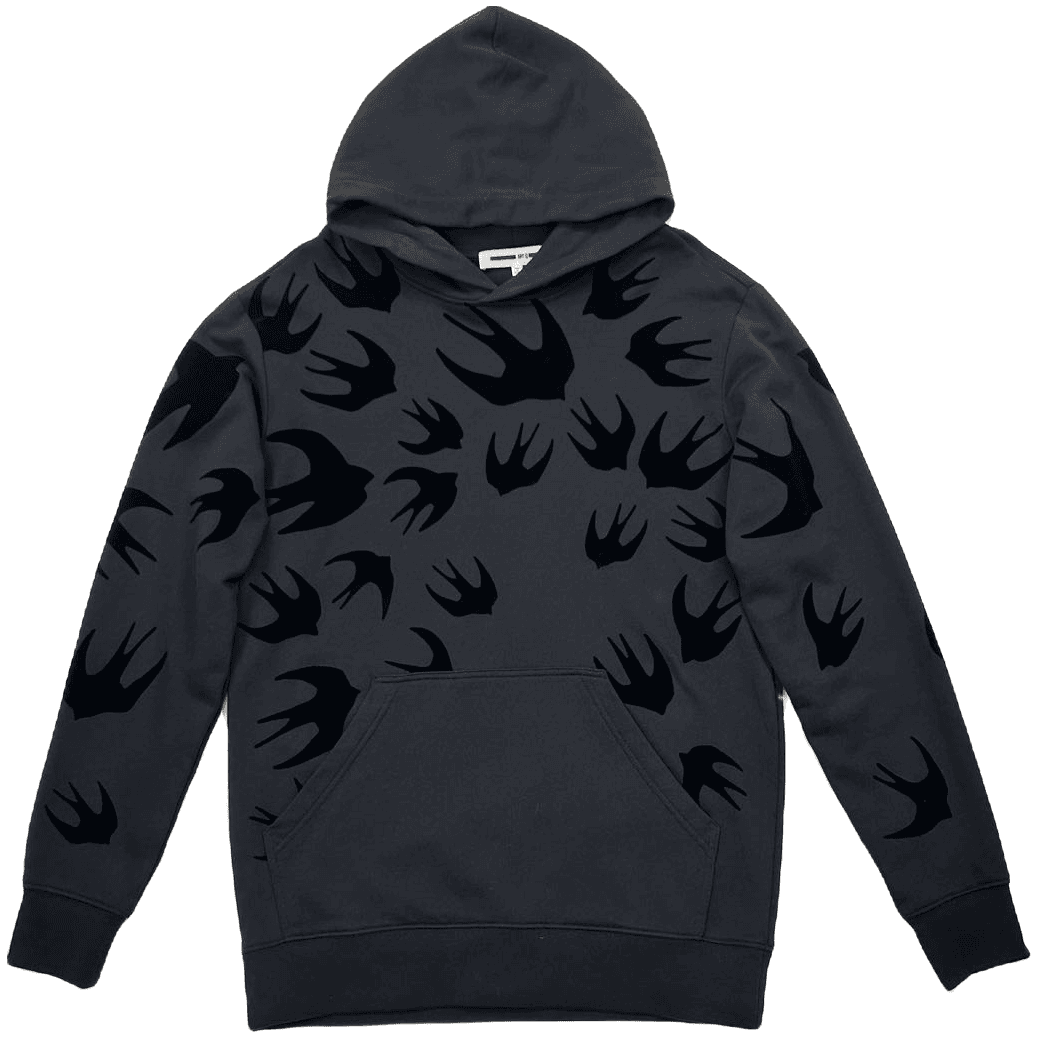 99新 Alexander McQueen/亚历山大·麦昆 黑植绒飞燕圆领帽衫卫衣