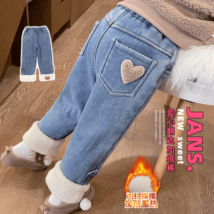 2023新款女童秋冬款加绒裤子一体绒儿童加厚女宝宝冬季直筒牛仔裤