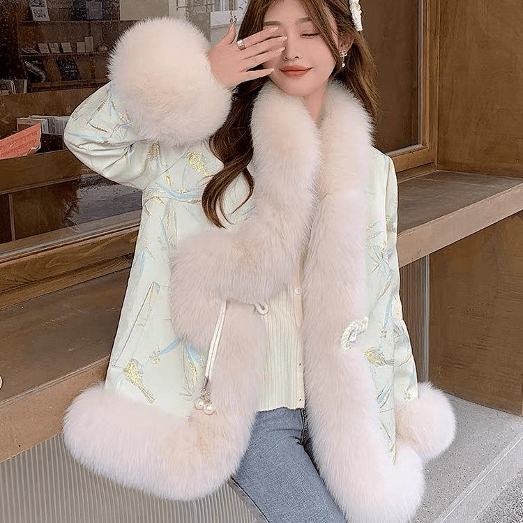 2-300斤加大码冬季中长款带毛领棉服胖mm新中式中国风盘扣外套女