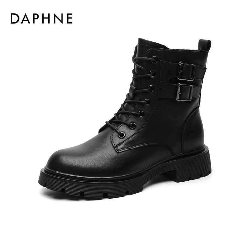 Daphne/达芙妮马丁靴女新款厚底靴加绒潮ins学院短靴英伦风绑带