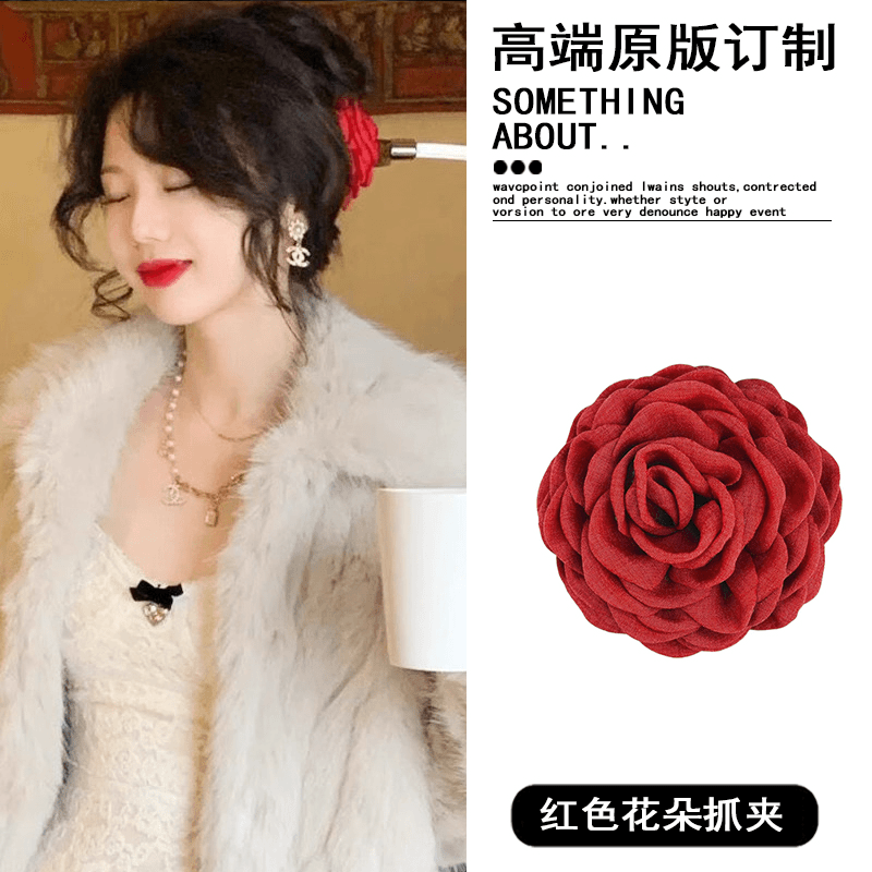 财阀千金红色花朵抓夹女大号鲨鱼夹发夹后脑勺头花发饰2024新头饰